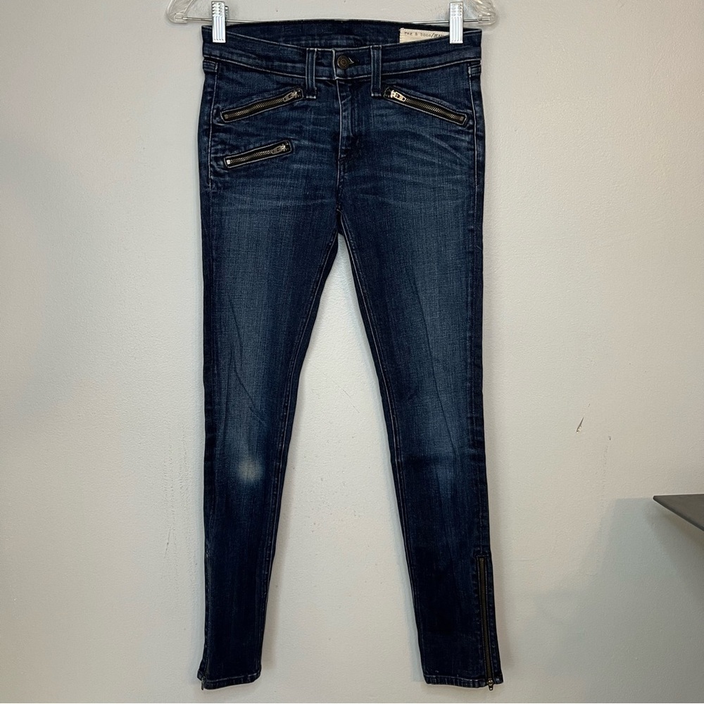 Rag & Bone Sz 26 Mid Rise Skinny Distressed Moto Jeans Mid Wash Blue Side Zipper